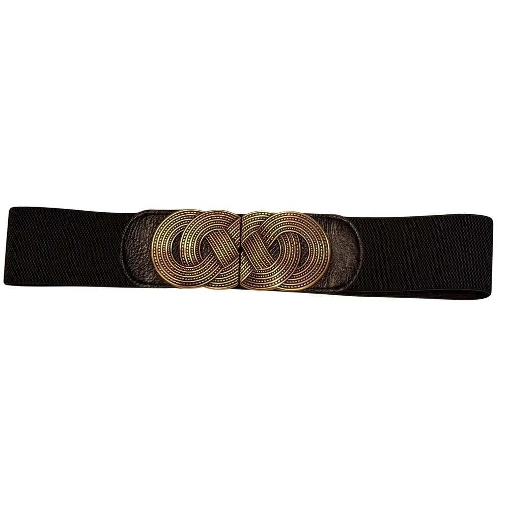 Womens Wide Elastic‎ Cinch Belt Antique Gold Infinity Knot Buckle Brown Boho XL